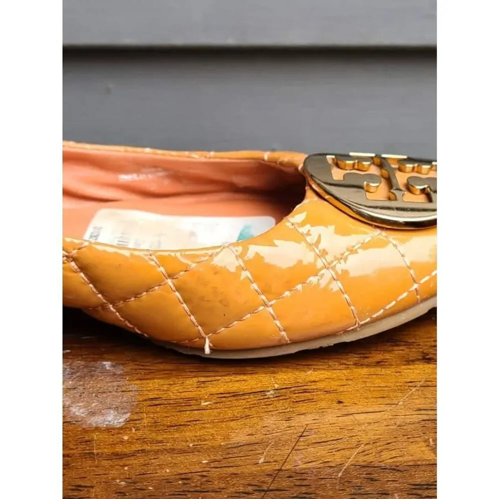 Tory Burch Reva Peach Quilted Patent Leather Flats size 7 NWT stained